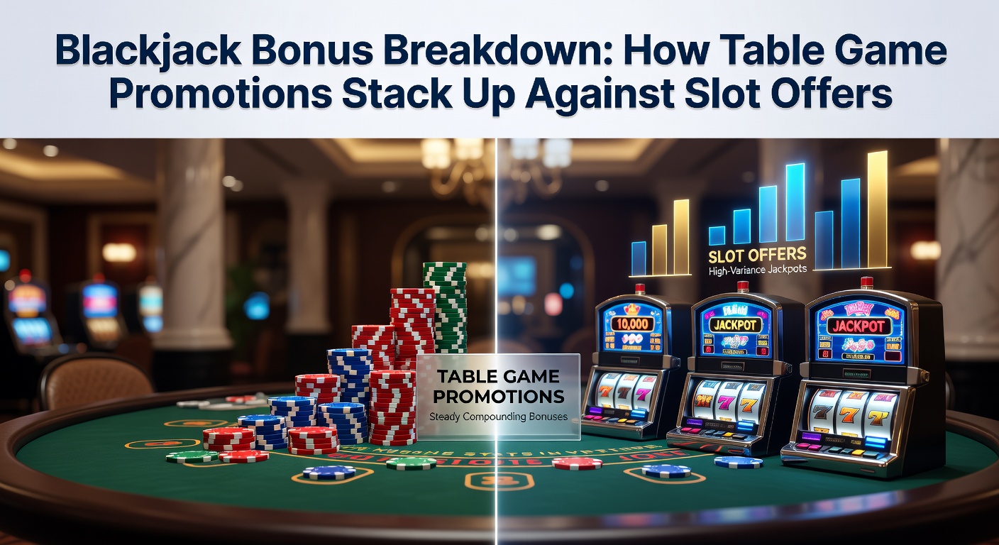 Vergleich von Blackjack-Tisch und Slot-Maschine mit Bonus-Symbolen, die typische Promotions hervorheben