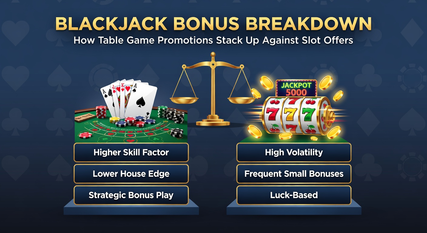 Slot-Automat mit explodierenden Bonus-Symbolen neben einem Blackjack-Tisch, der Promotionsvergleiche visualisiert